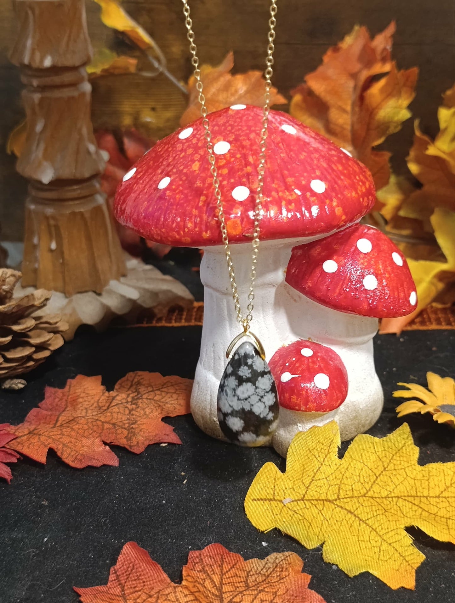 Sautoir goutte Obsidienne flocon de neige