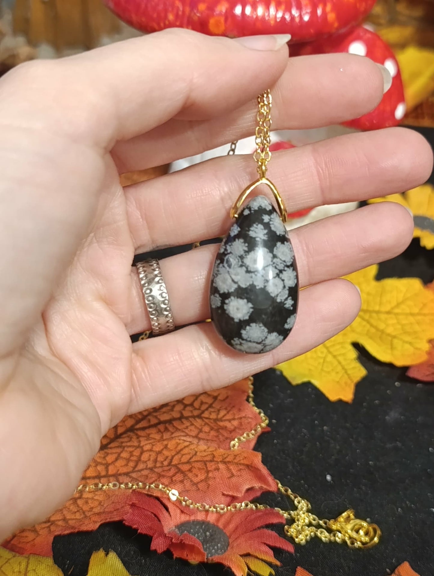 Sautoir goutte Obsidienne flocon de neige